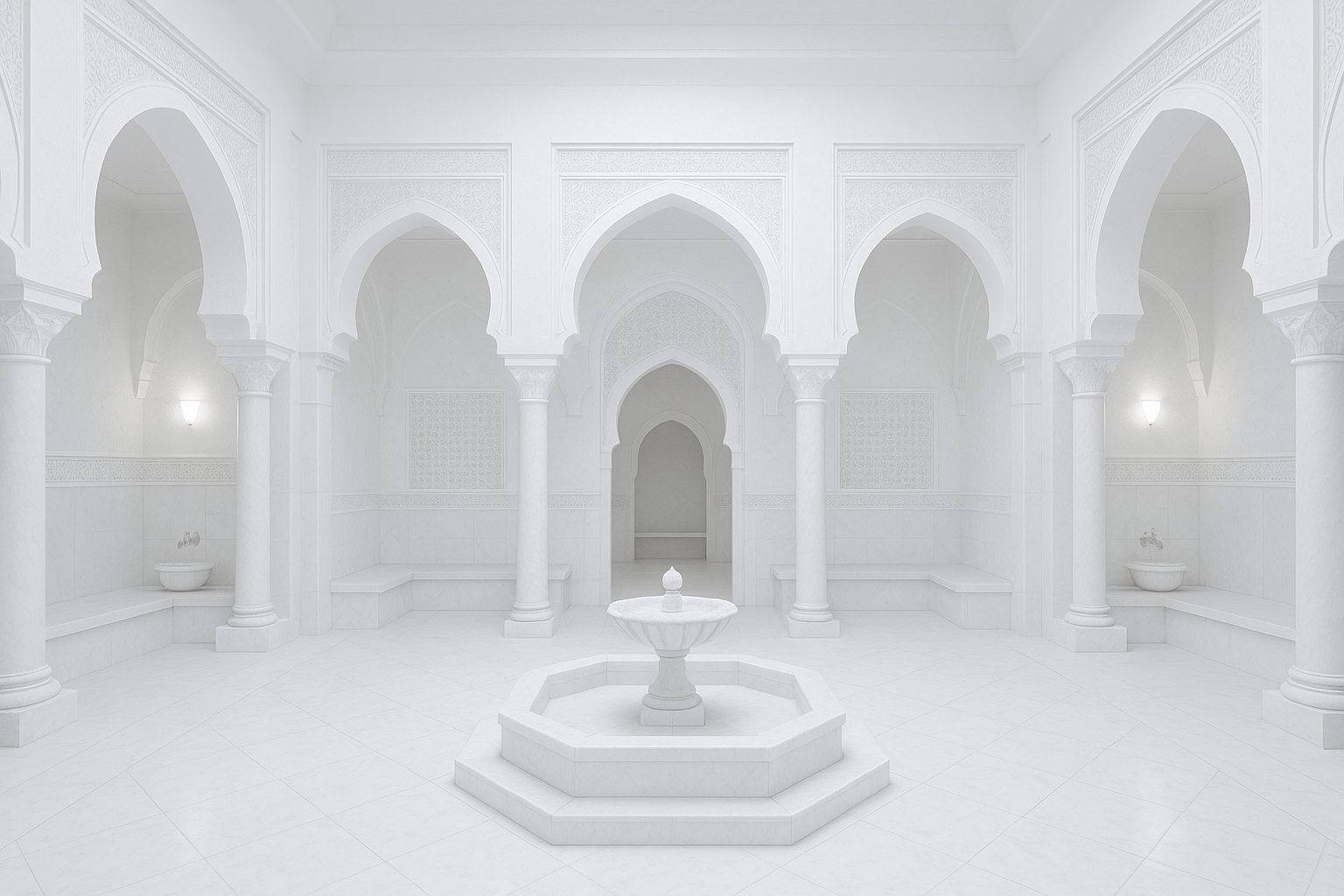 Un hammam traditionnel marocain, tout blanc, lumineux (lumières blanche et non pas jaune). L'image est totalement centréeet symétrique